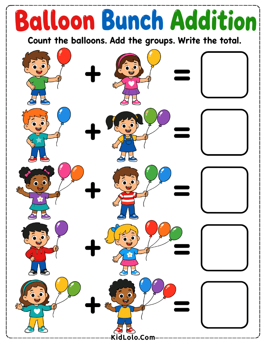 Balloon addition worksheet with picture groups and answer boxes within 5.