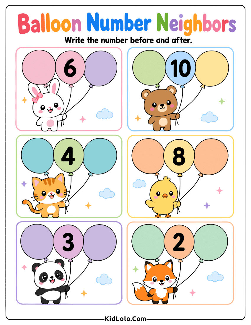 Before and after numbers worksheet with balloons and cute animal helpers.