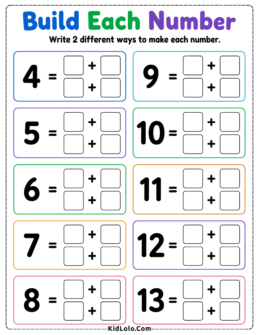 Number composition worksheet for writing two addition ways to make each number.