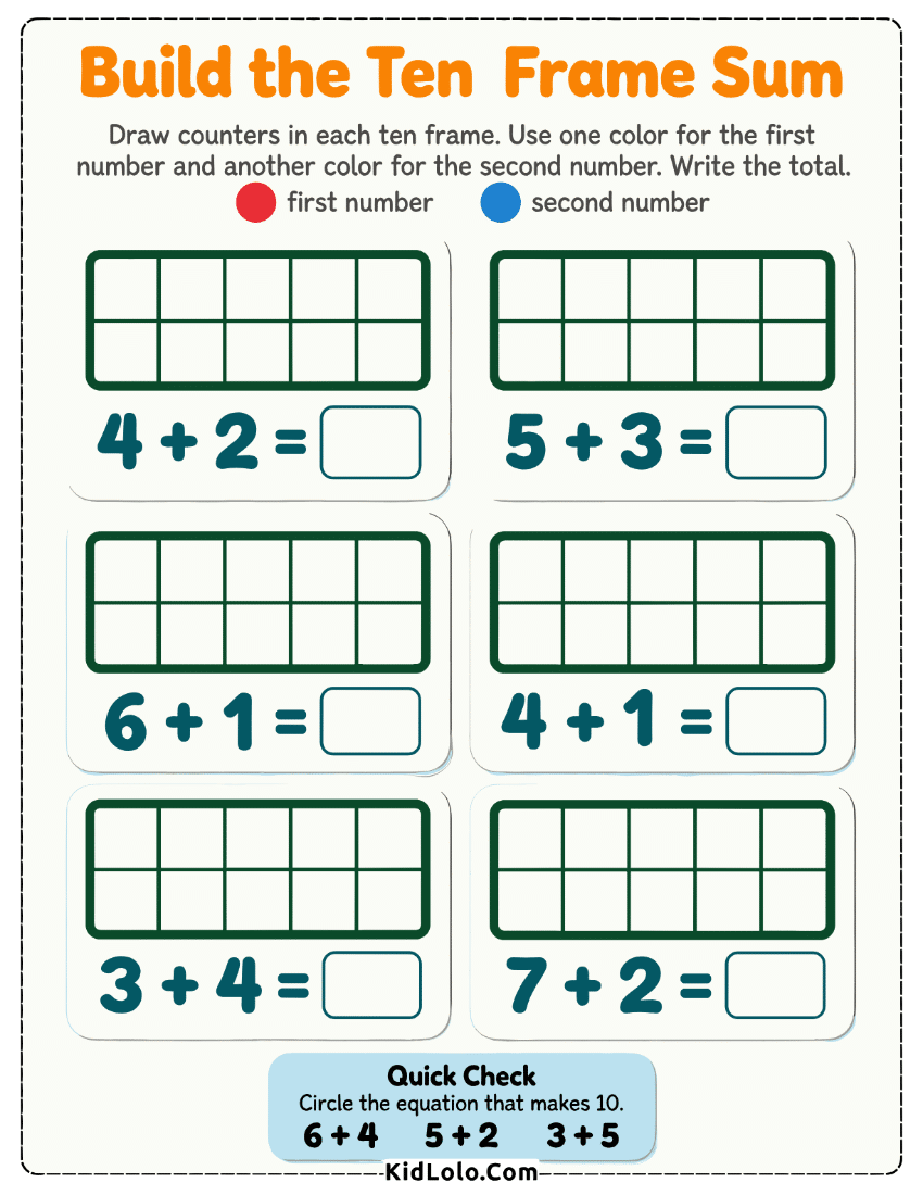 Ten frame addition worksheet for drawing counters and solving sums.