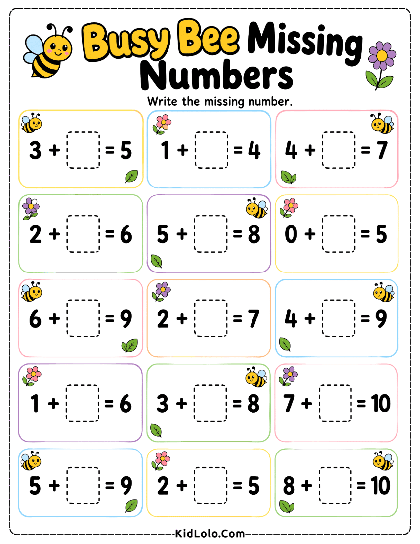 Missing number addition worksheet with bee theme and sums up to 10.