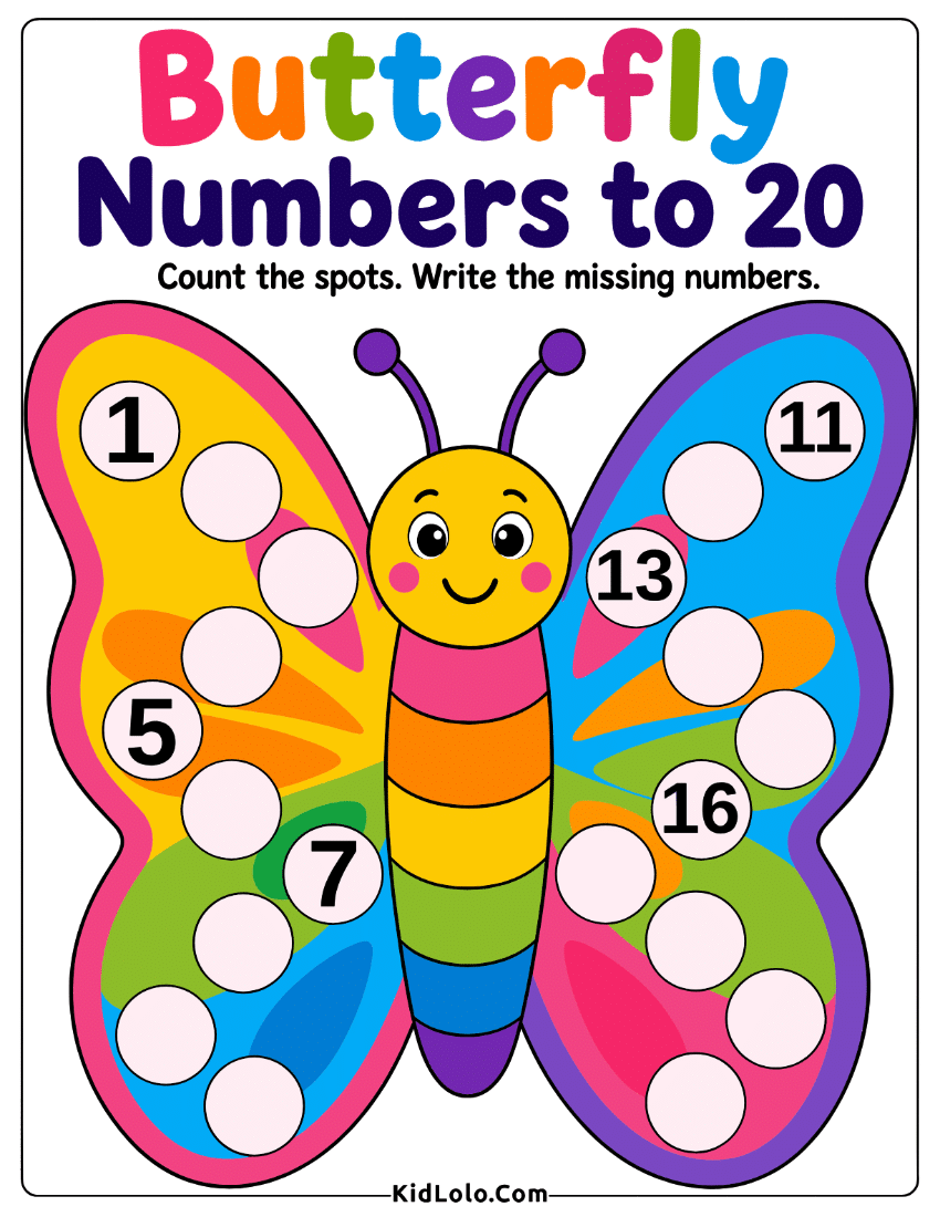 Butterfly counting to 20 worksheet with missing numbers on wing spots.