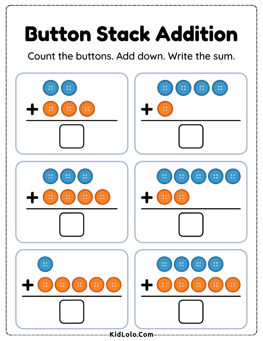 Button vertical addition worksheet with picture groups and blank answer boxes.
