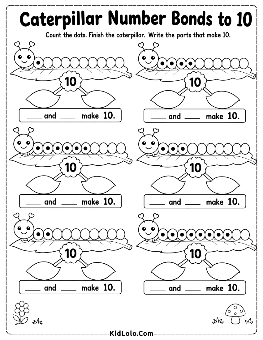 Caterpillar number bonds to 10 worksheet with dots and missing parts.