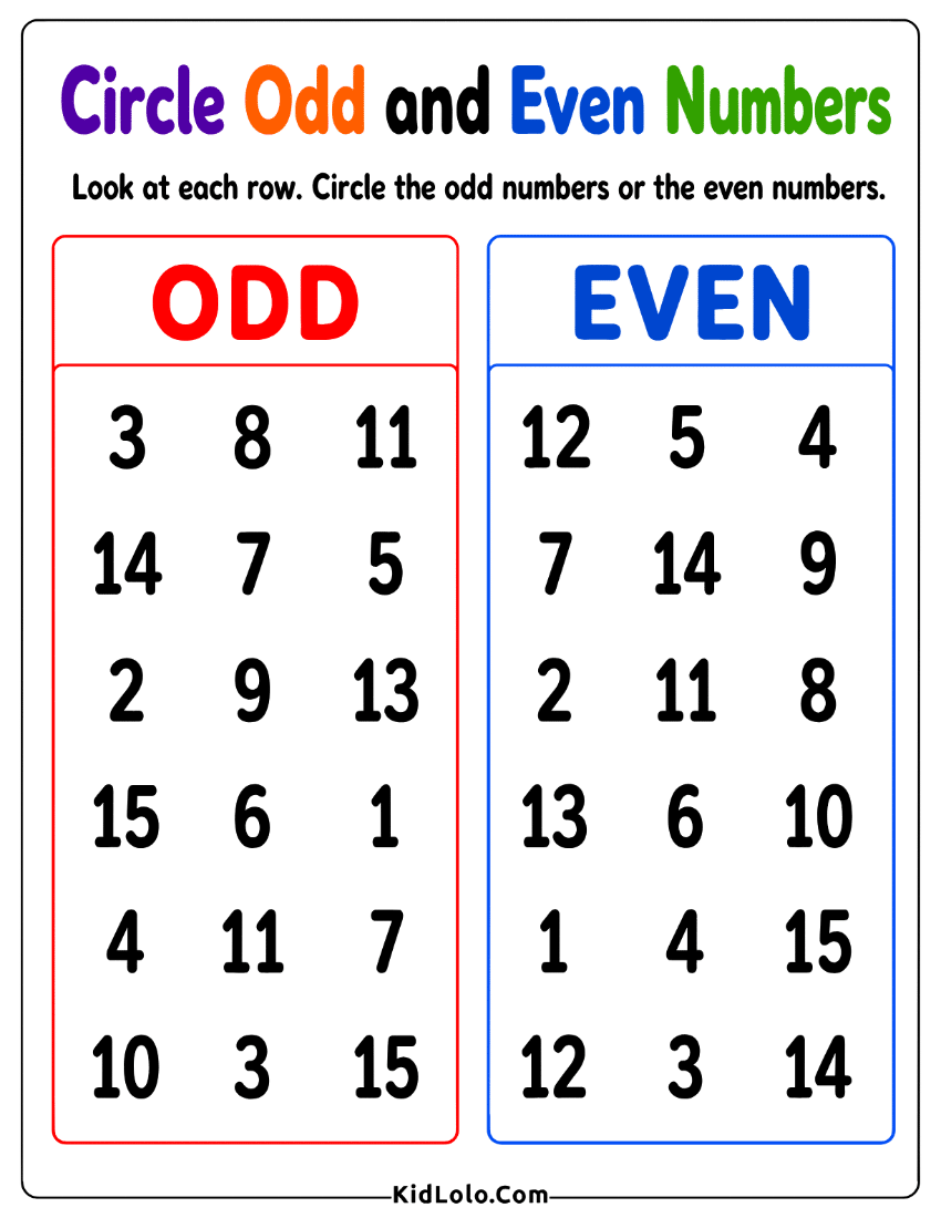 Odd and even worksheet with number rows for circling correct answers.