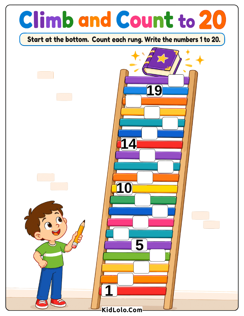 Ladder counting worksheet for writing missing numbers from 1 to 20.