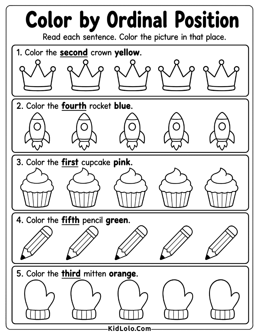 Ordinal position worksheet for reading directions and coloring the correct picture.