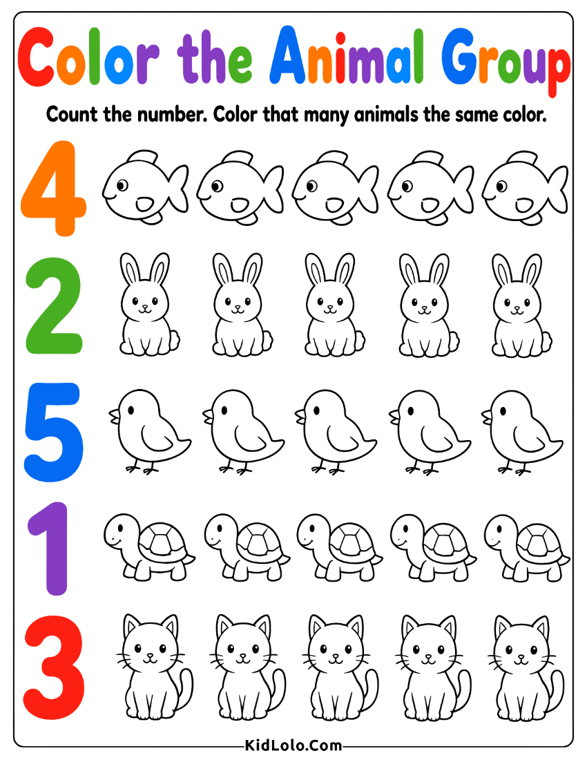 Animal count and color worksheet with numbers and matching picture rows.