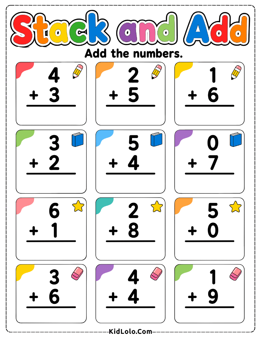 Kindergarten vertical addition worksheet with colorful cards and answer lines.
