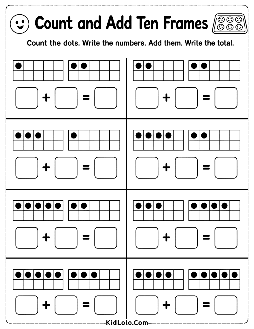 Ten frame addition worksheet for counting dots and writing sums.