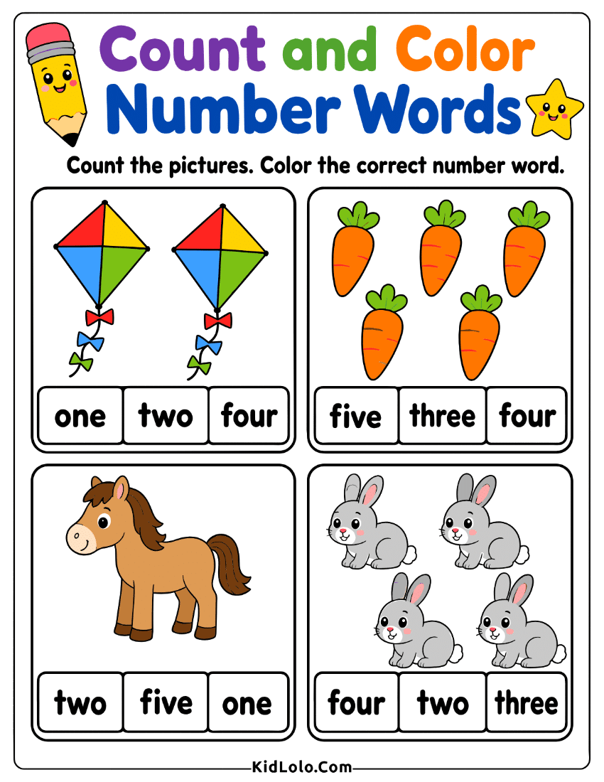 Count and color number words worksheet with picture groups and answer choices.