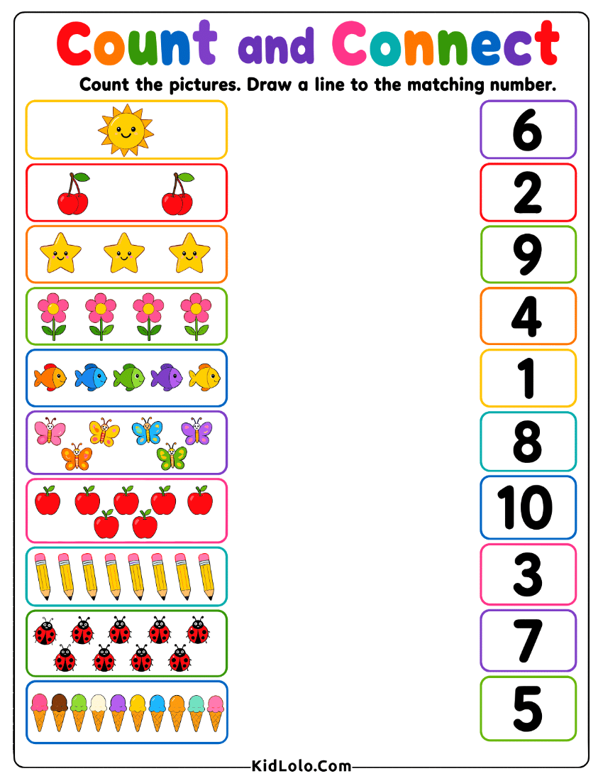 Count and connect worksheet with picture groups and matching numbers.