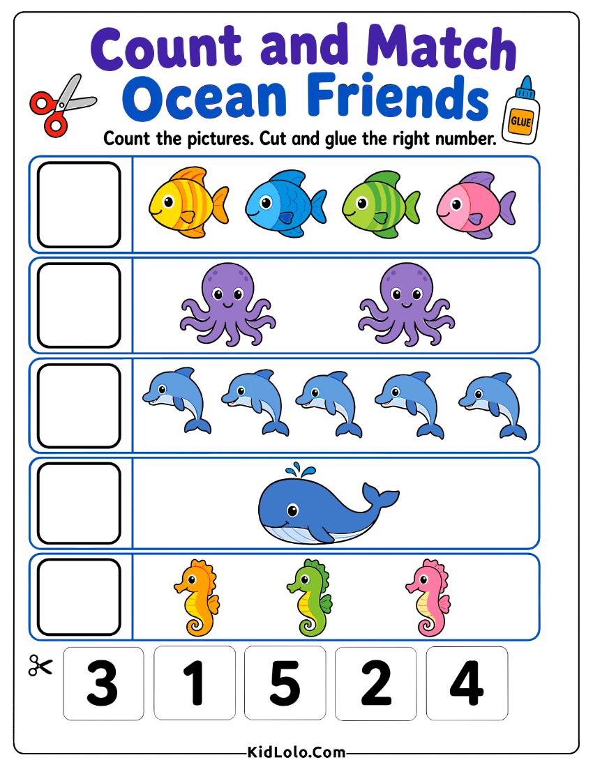 Count and match worksheet with ocean animals and cut-and-glue numbers.