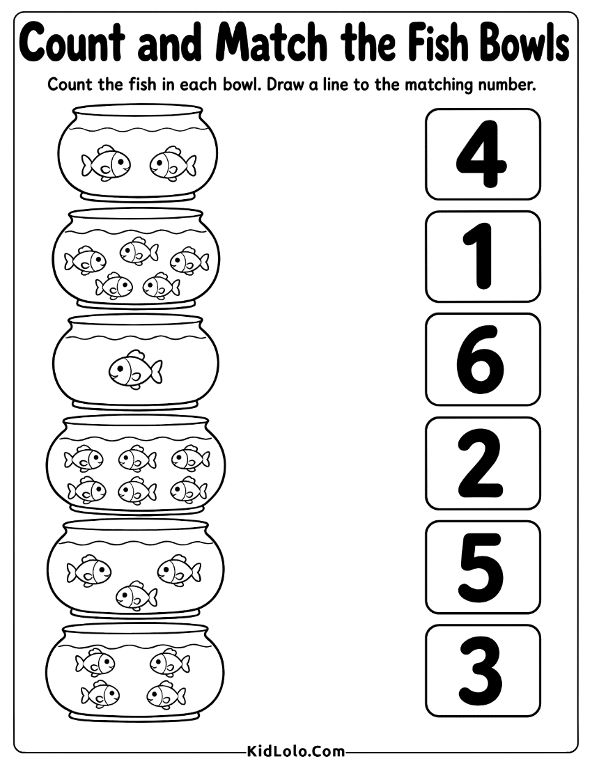 Fish bowl counting worksheet with matching numbers from 1 to 6.