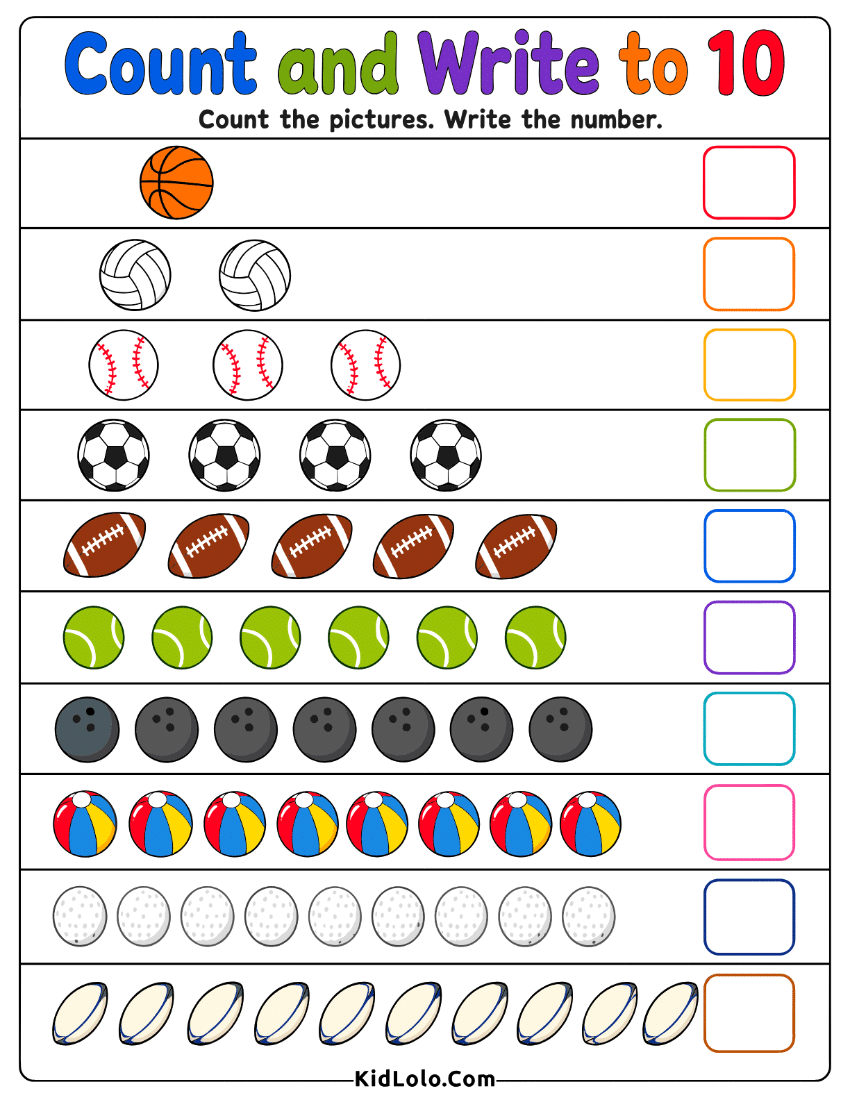 Kindergarten count and write worksheet with sports balls and numbers to 10.