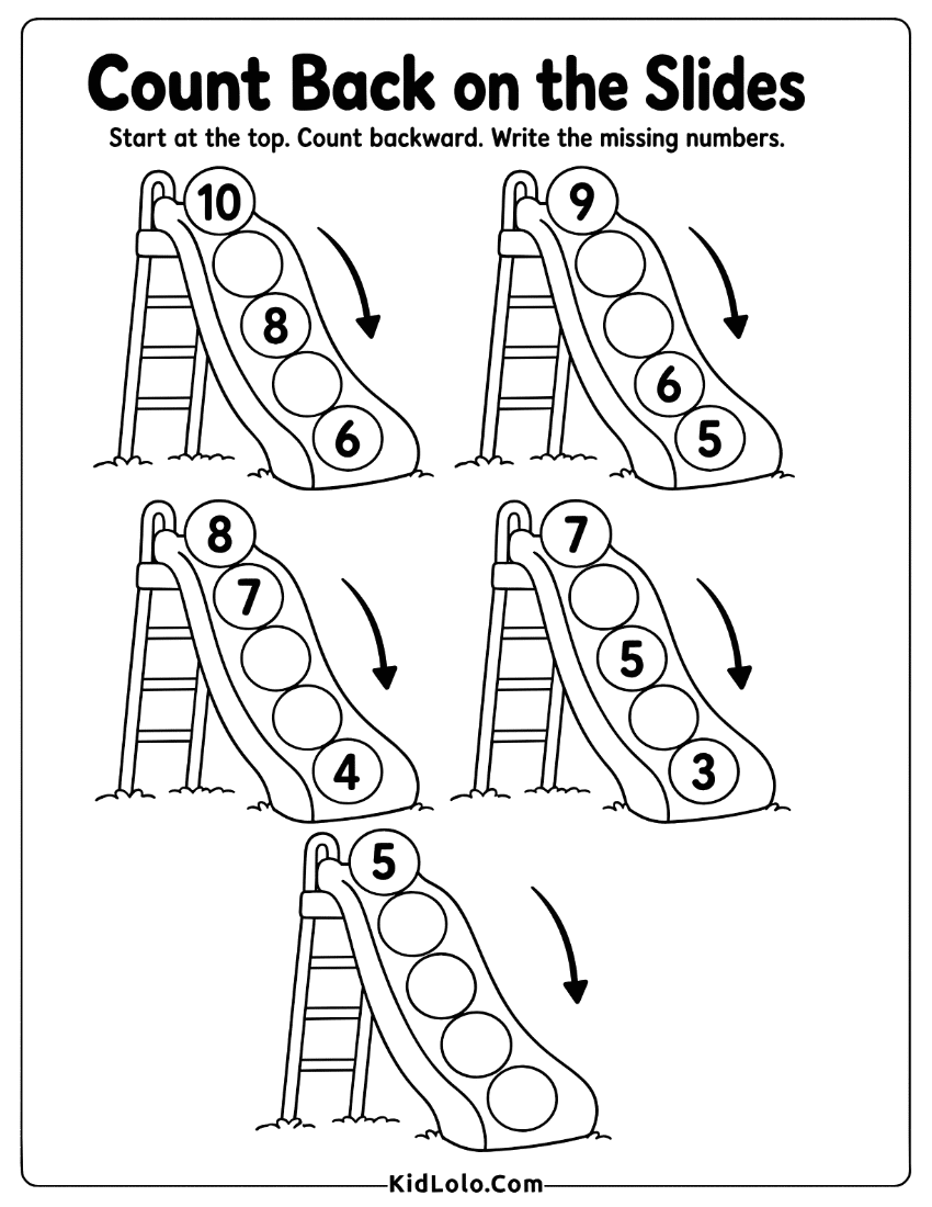 Count backwards worksheet with slide paths and missing numbers.
