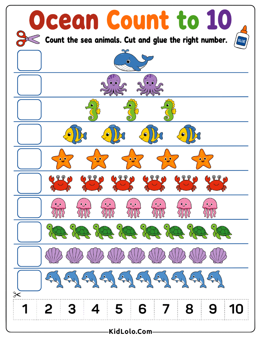Ocean counting worksheet with sea animals and cut-and-glue numbers to 10.
