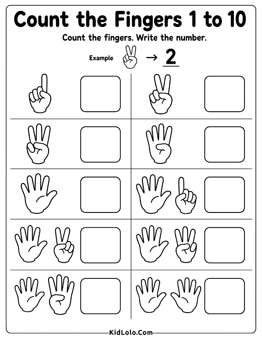 Finger counting worksheet for writing numbers from 1 to 10.