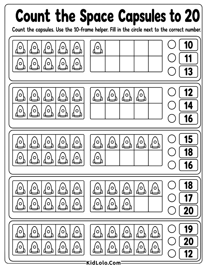 Space capsule counting worksheet with ten frame helpers and number choices to 20.