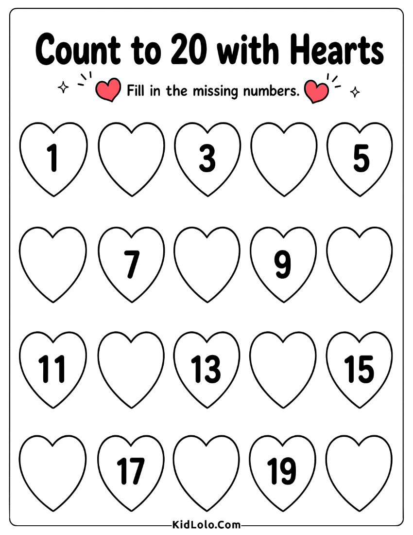 Count to 20 worksheet with heart shapes and missing numbers.