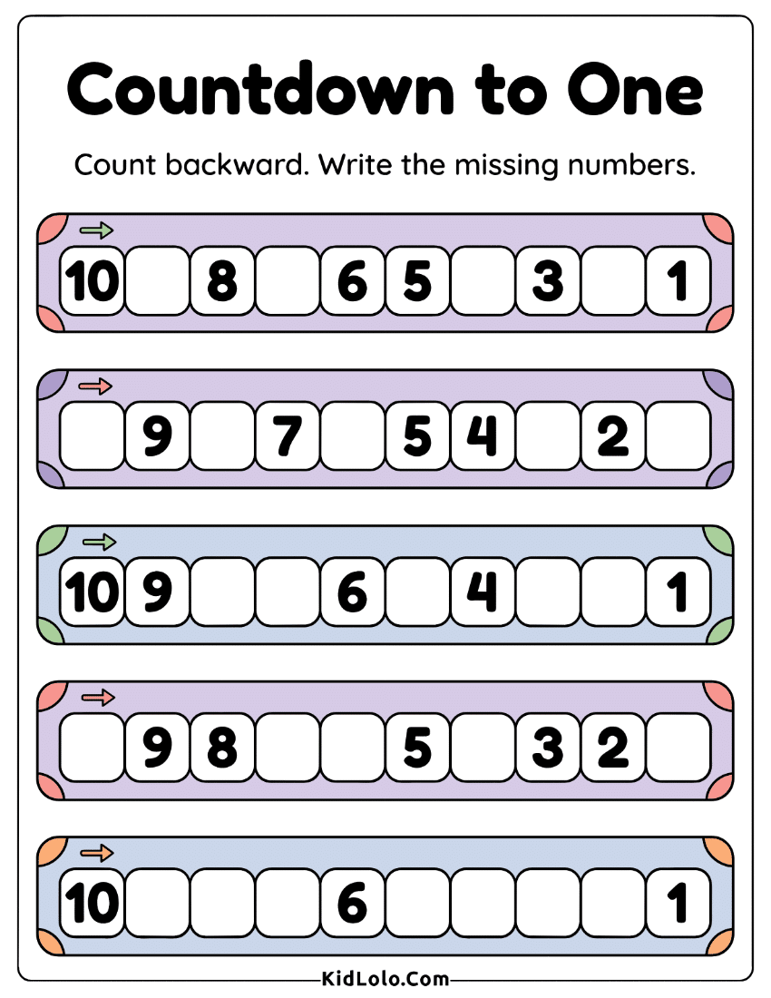Count backwards worksheet with missing numbers from 10 to 1.