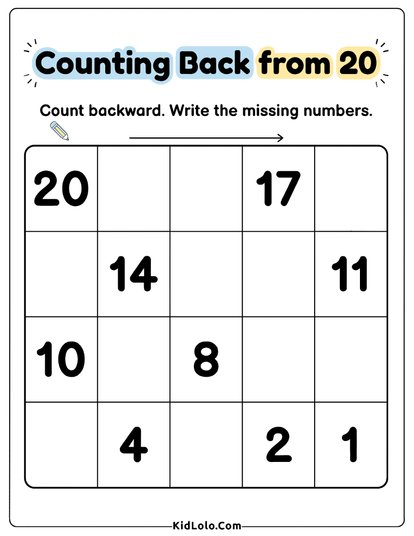 Counting backwards from 20 worksheet with a missing number grid.