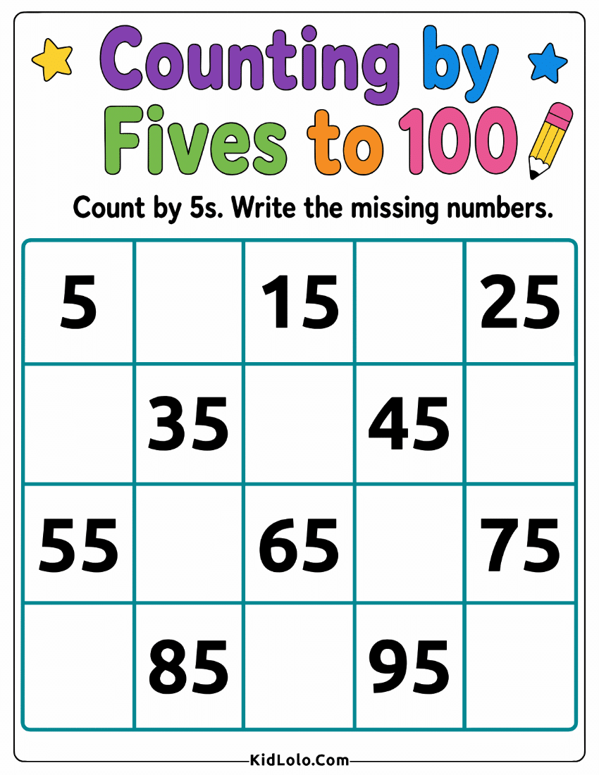 Counting by fives to 100 worksheet with grid and missing numbers.