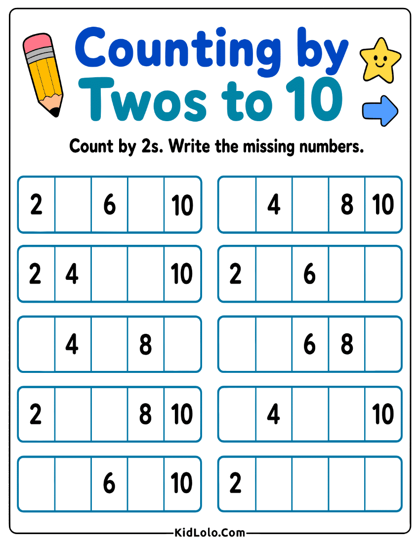 Skip counting by 2s worksheet with missing numbers to 10.