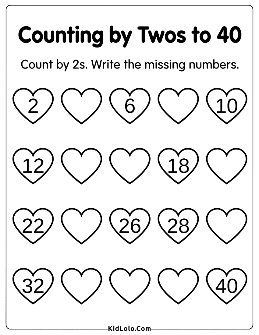 Heart skip counting by 2s worksheet with missing numbers to 40.