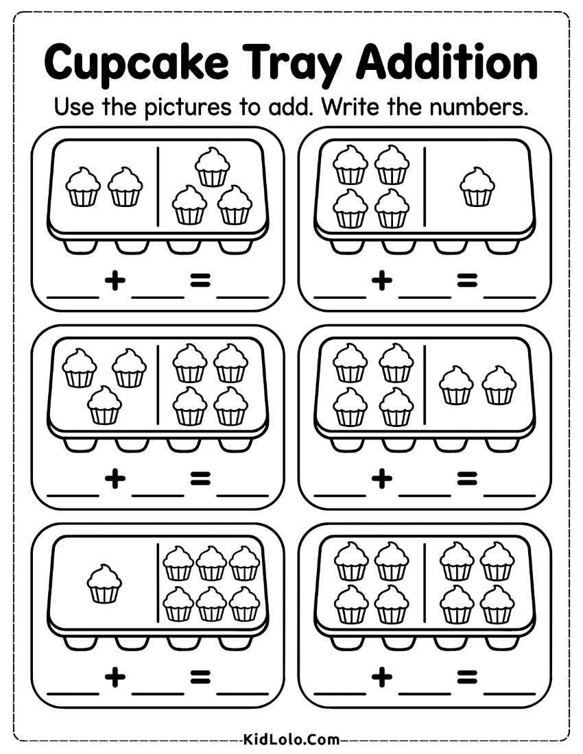 Cupcake addition sentences worksheet with picture trays and blank number lines.