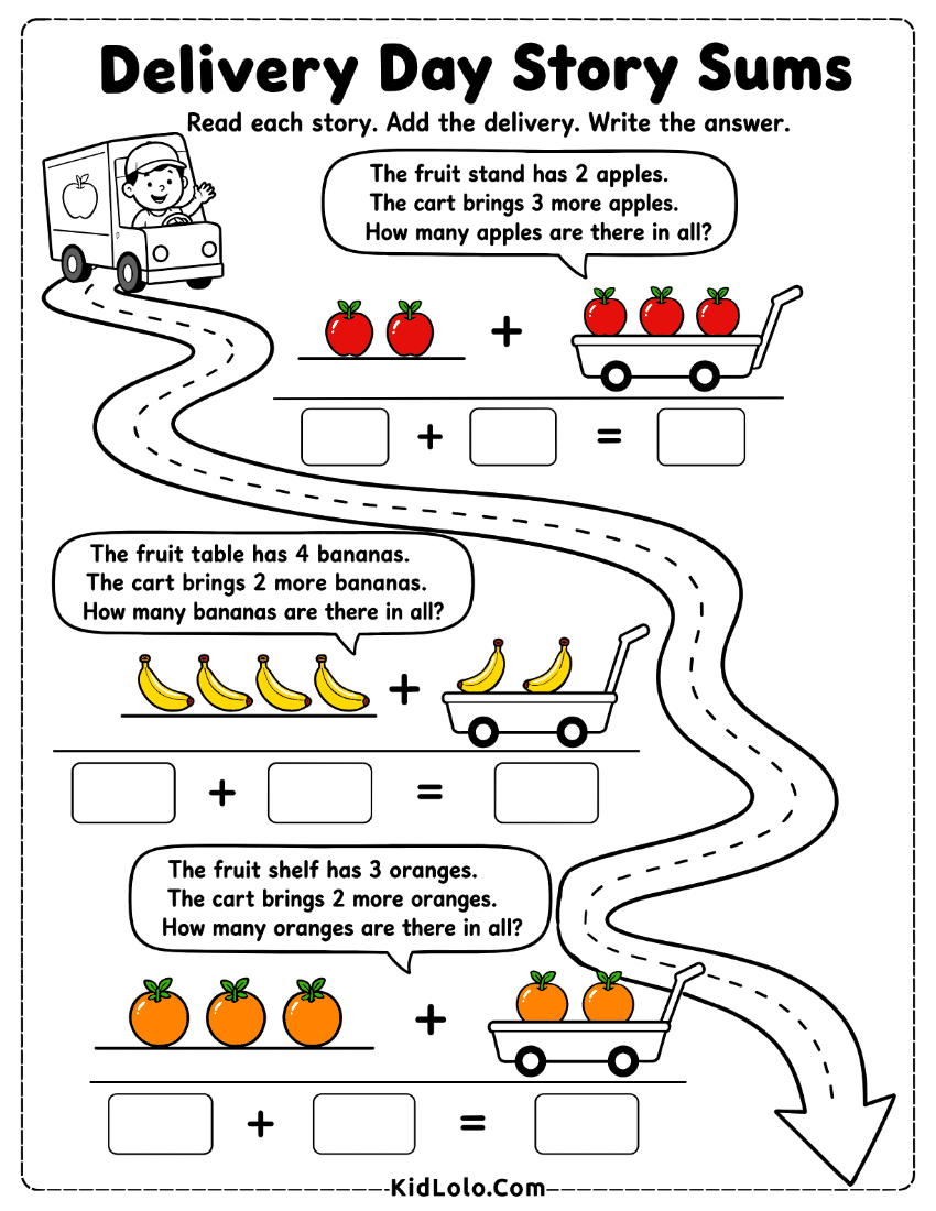 Kindergarten addition word problems worksheet with delivery pictures and answer boxes.
