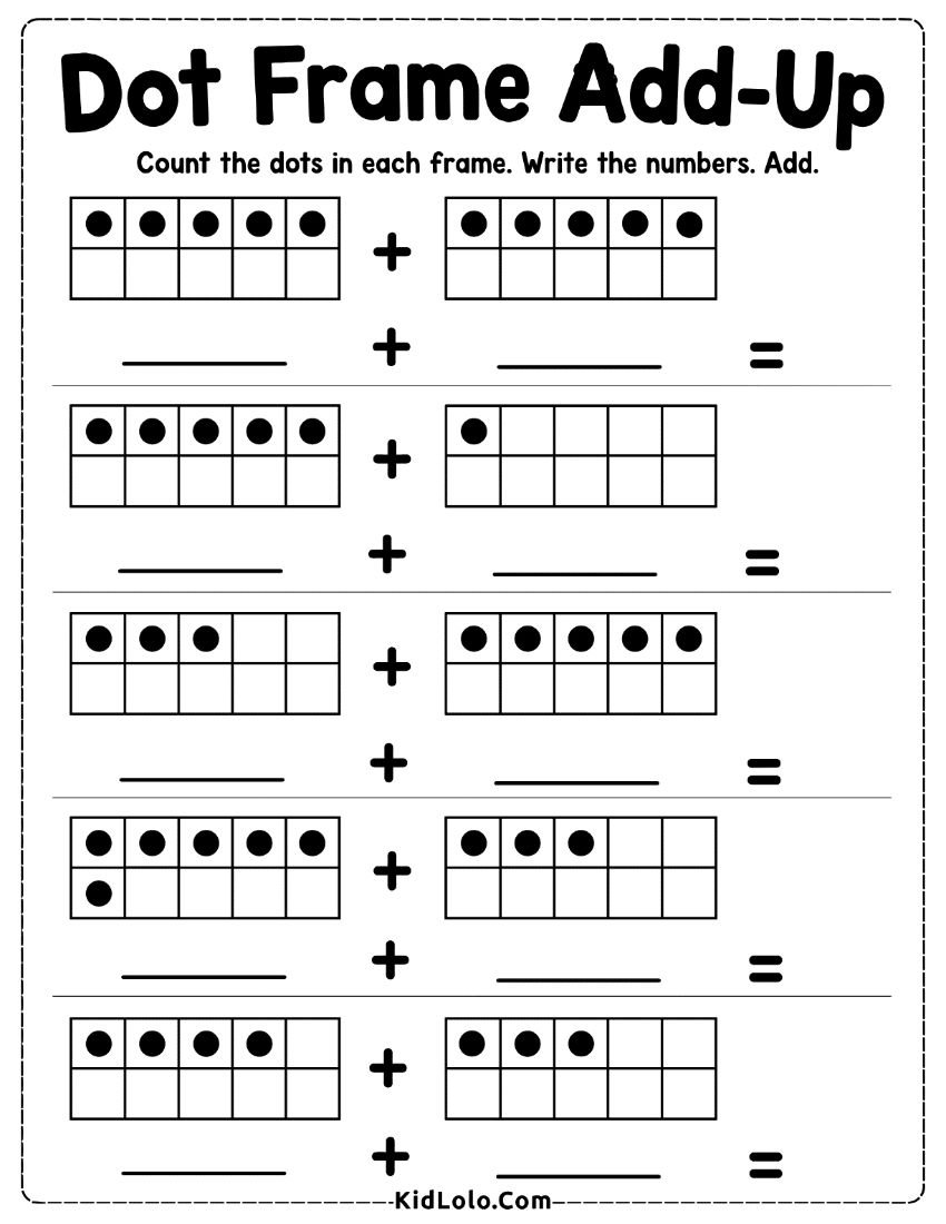 Ten frame addition worksheet with dot frames and sums within 10.