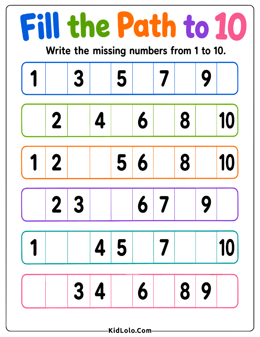 Missing numbers to 10 worksheet with colorful paths and number sequences.