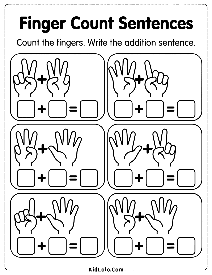 Finger counting worksheet for writing simple Kindergarten addition sentences from hand pictures.