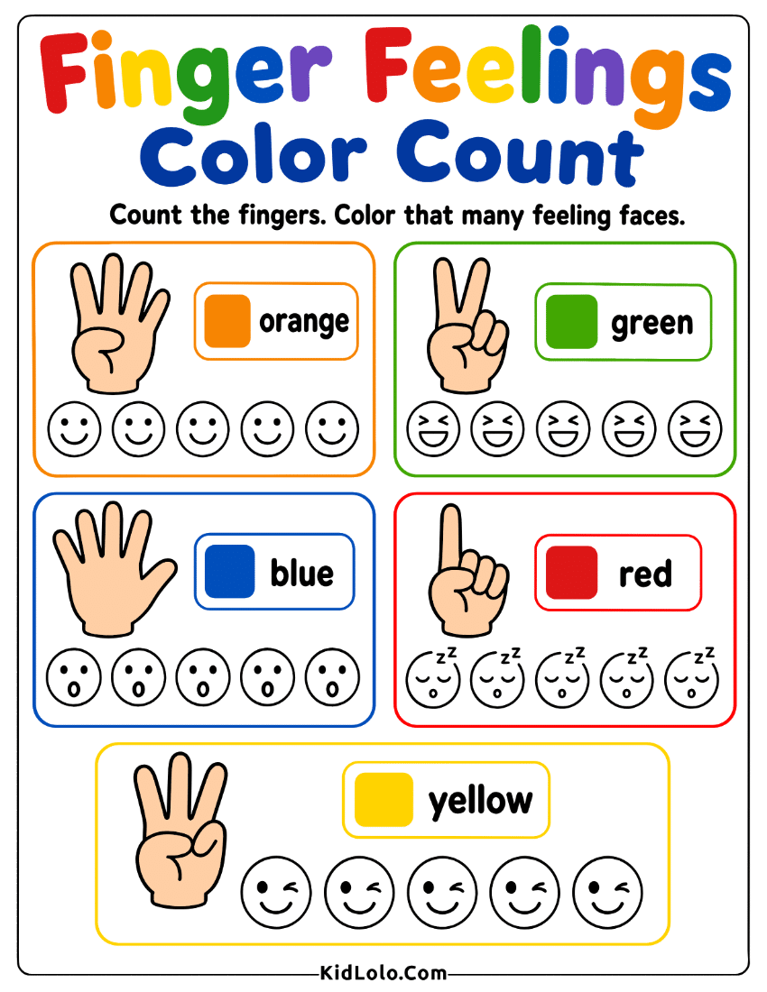 Finger counting worksheet with feeling faces to color by number shown.