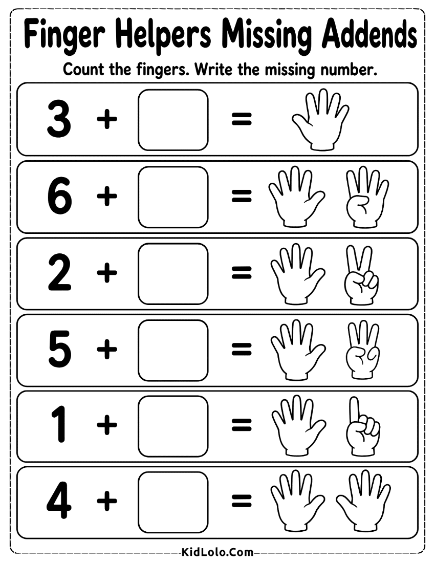 Finger counting worksheet for solving missing addends with hand pictures.