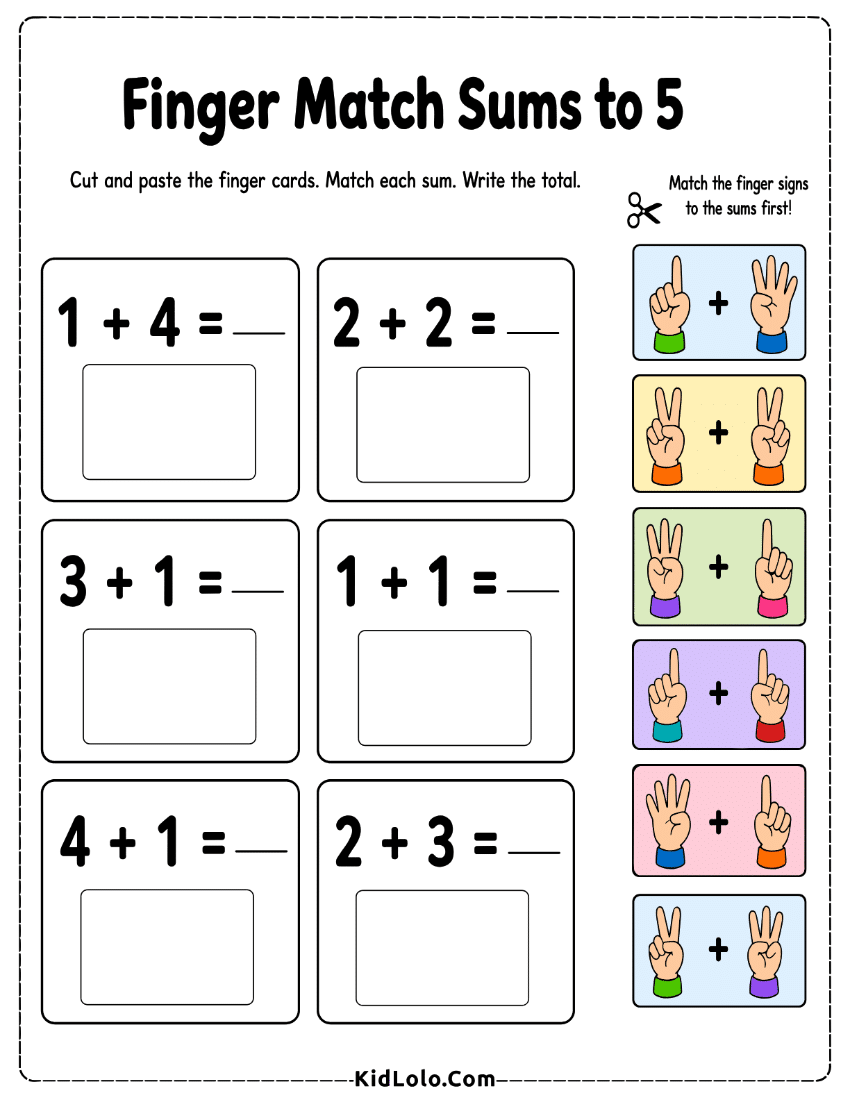 Addition within 5 worksheet with finger cards and cut-and-paste sums.