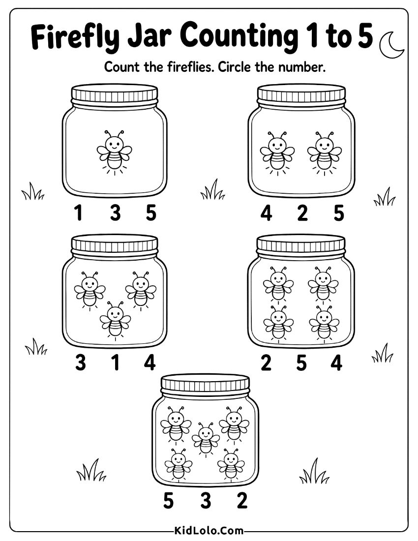 Kindergarten counting to 5 worksheet with firefly jars and number choices.