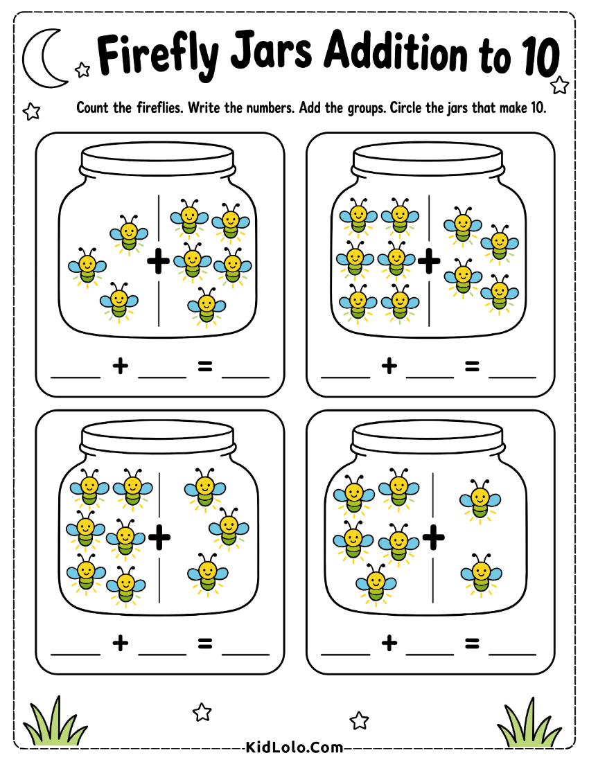 Addition to 10 worksheet with firefly jars, counting, and number writing.