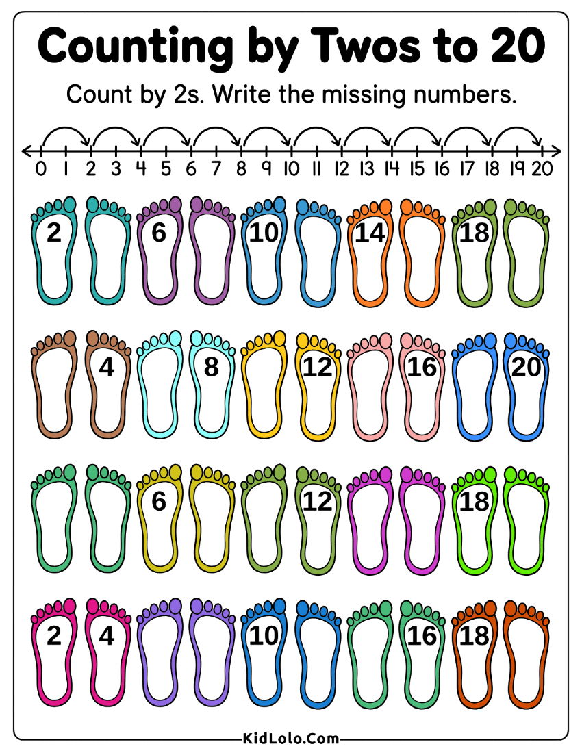 Skip counting by 2s worksheet with footprint pairs and number line helper.