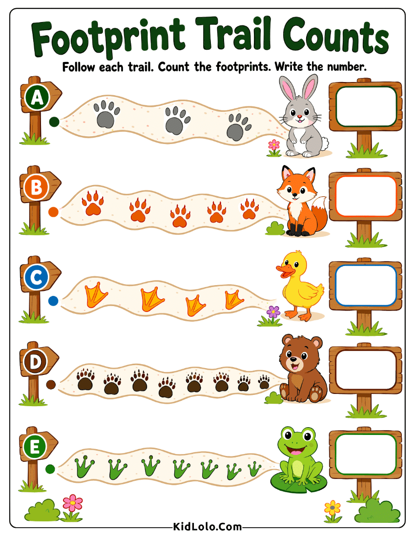 Count and write worksheet with animal footprint trails and answer signs.