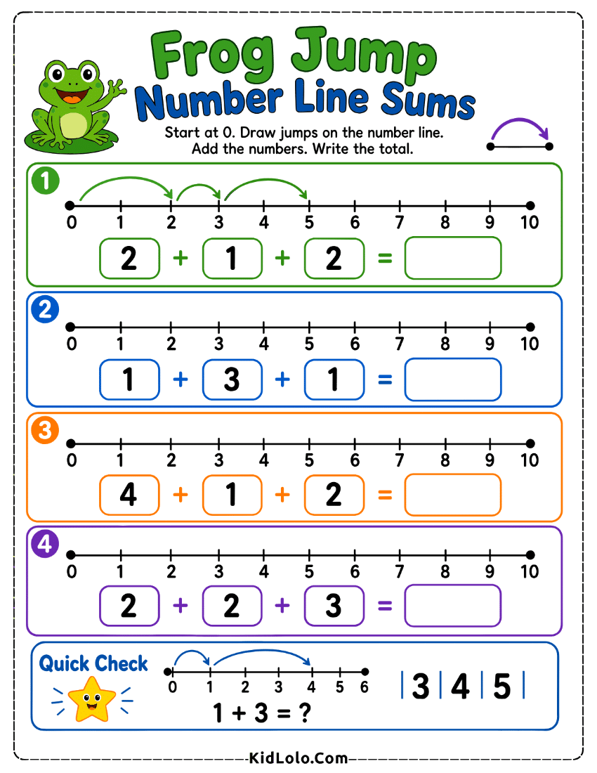 Number line addition worksheet with frog hops and sums within 10.