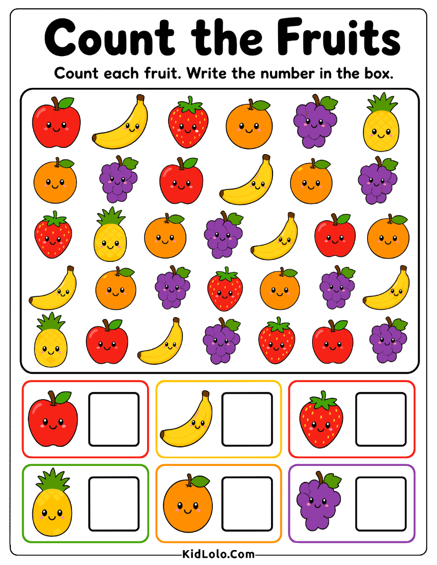 Kindergarten count and write worksheet with mixed fruits and answer boxes.
