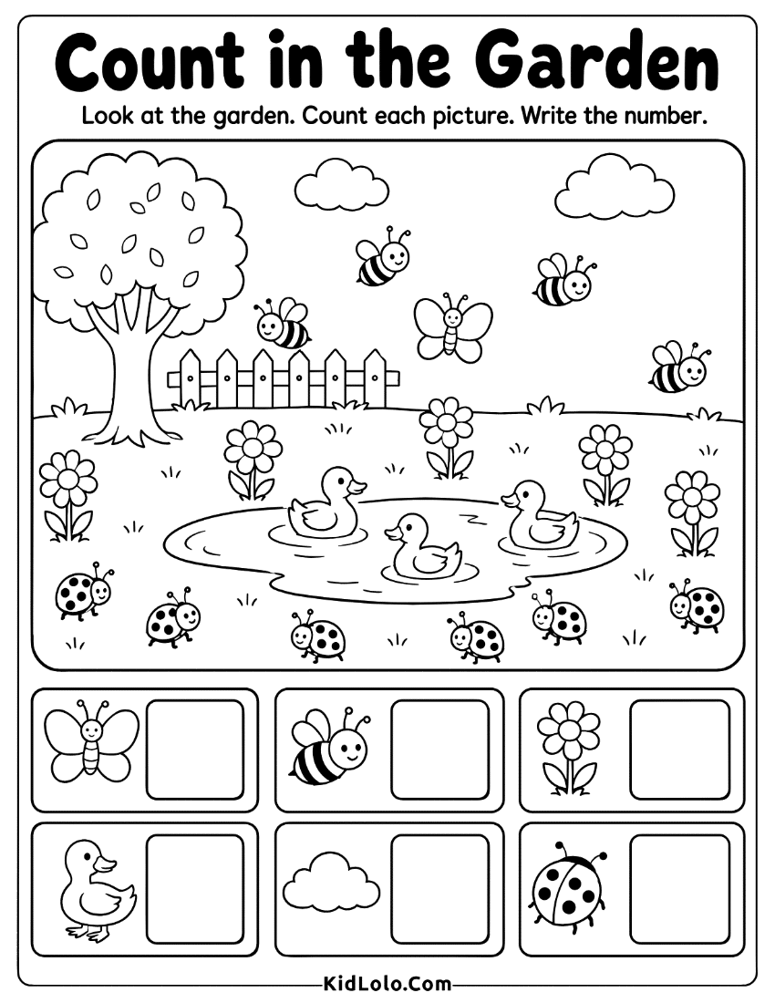 Garden count and write worksheet with ducks, bees, flowers, and ladybugs.