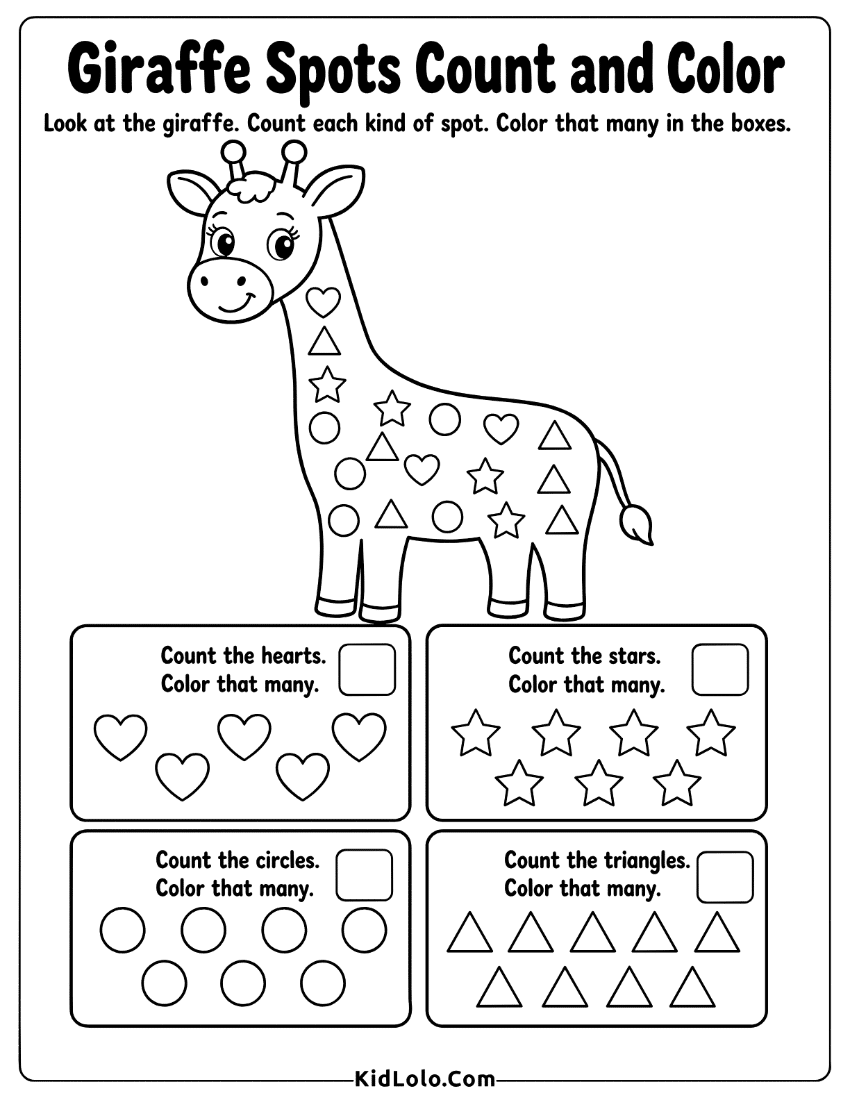Giraffe count and color worksheet with hearts, stars, circles, and triangles.