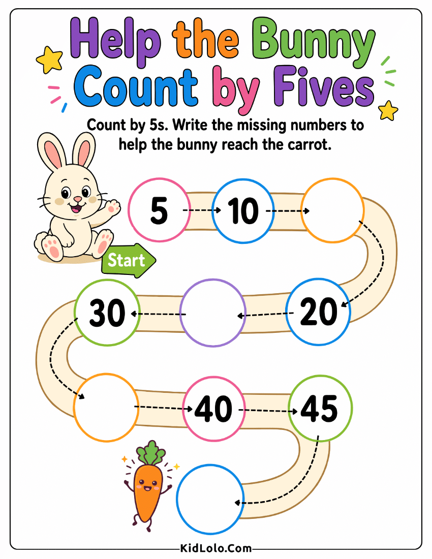 Bunny skip counting by 5s worksheet with missing numbers on a path.
