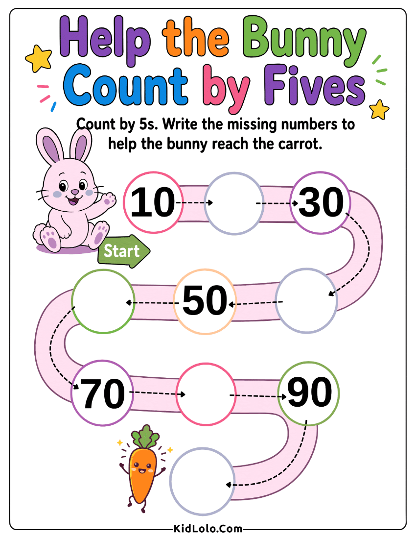 Bunny counting by 10s worksheet with missing numbers on a path.
