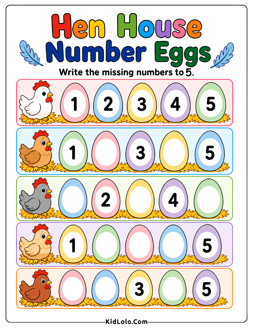 Hen house missing numbers worksheet with eggs from 1 to 5.