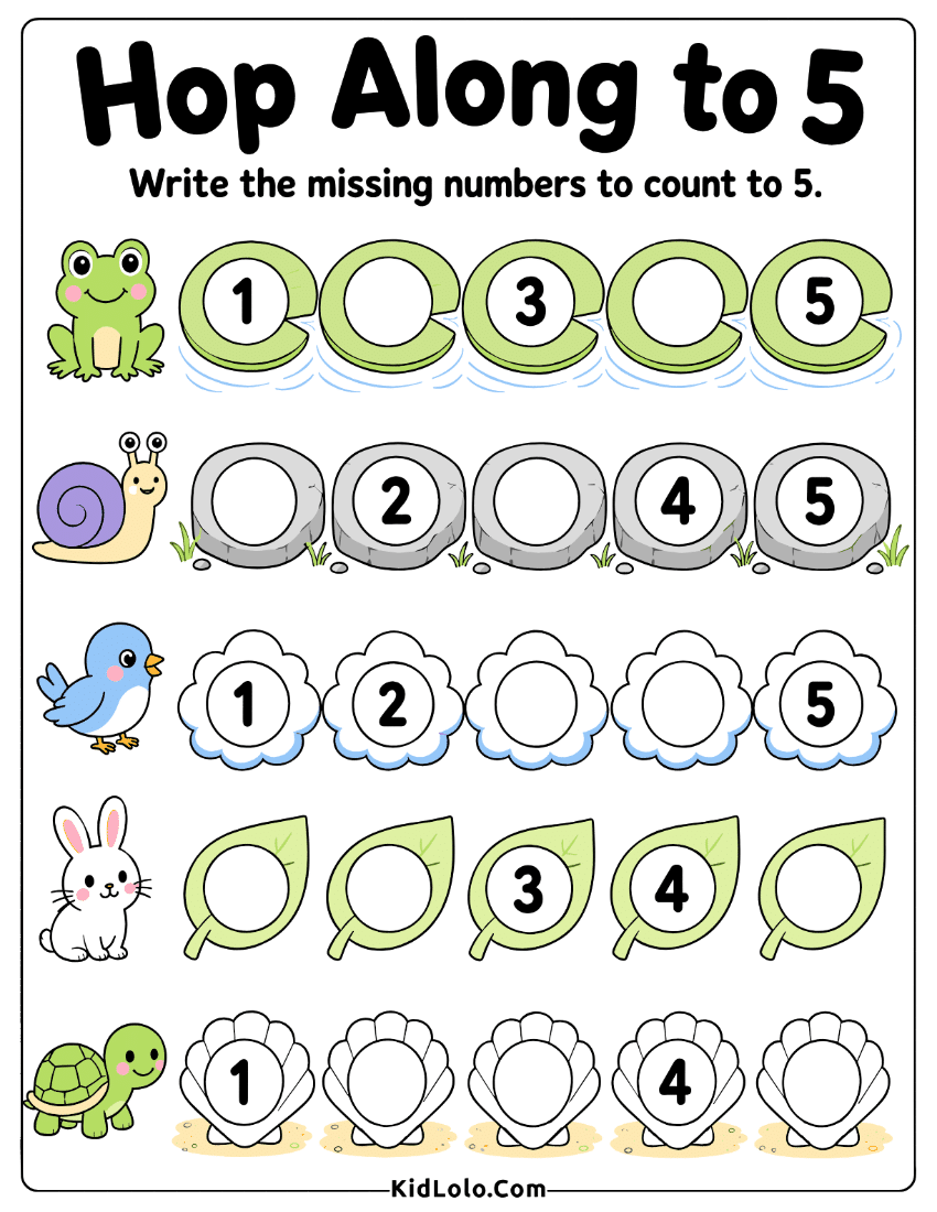 Missing numbers worksheet for counting to 5 with themed picture rows.