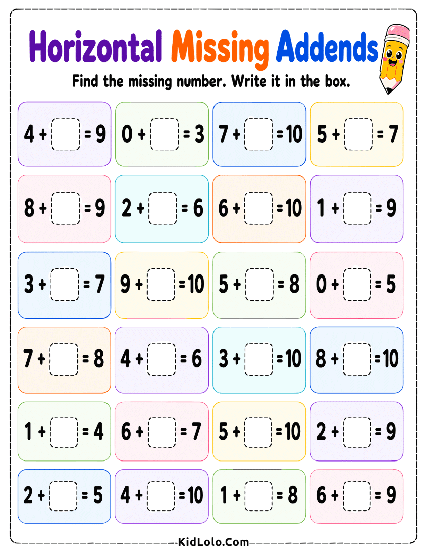 Horizontal missing addends worksheet with colorful equations and blank answer boxes.